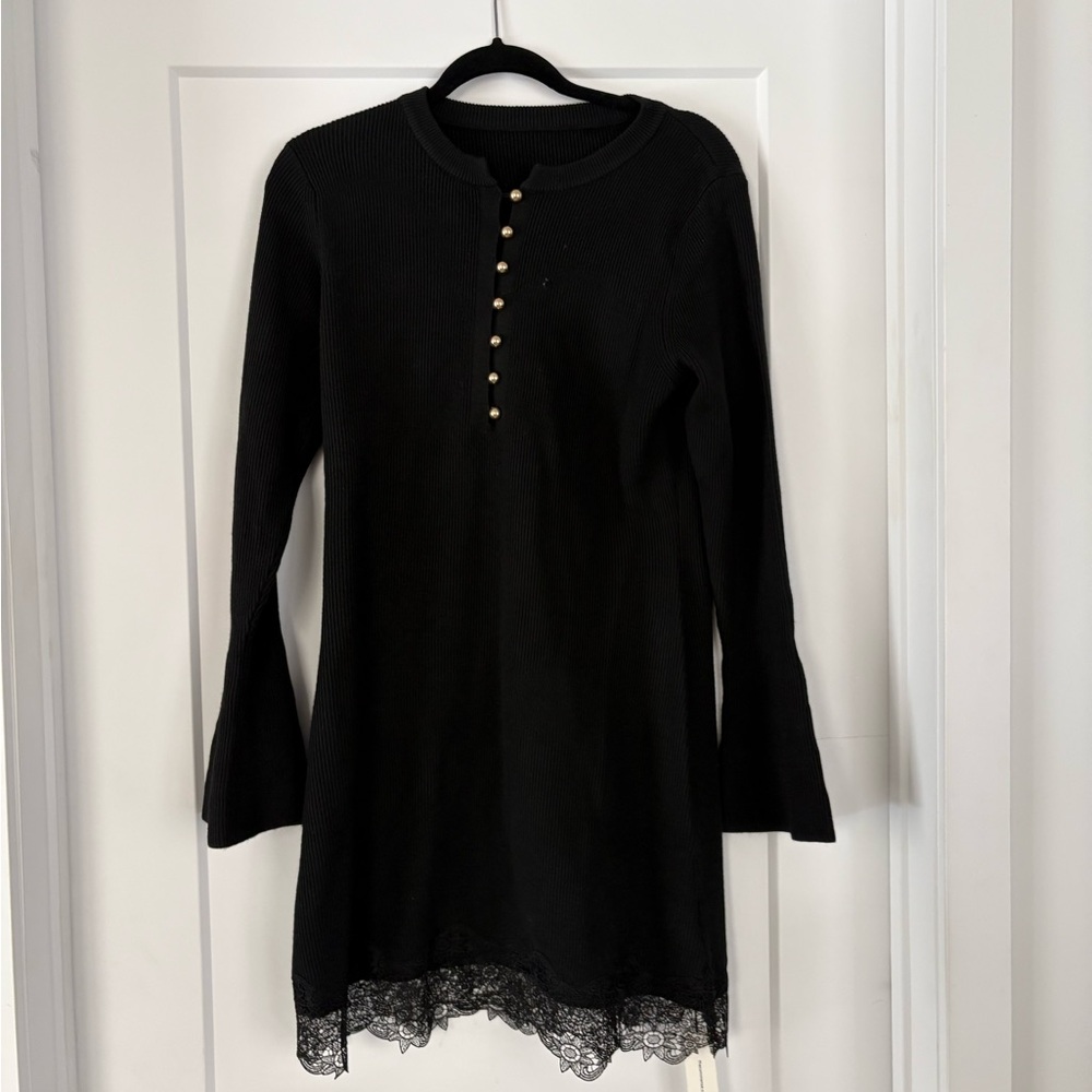 Commense Black Ribbed Dress with Lace Detail